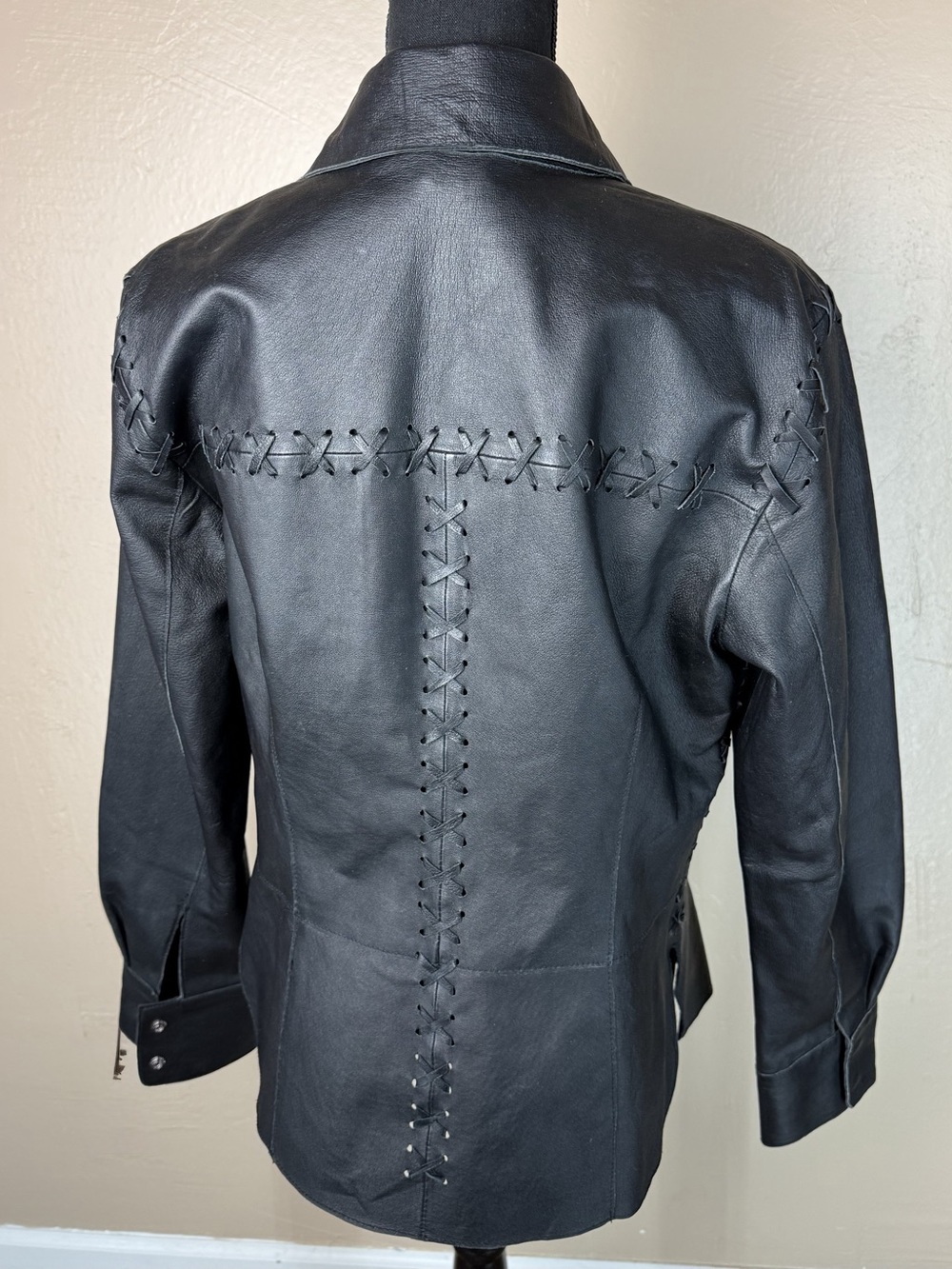 Vintage Newport News Jeanology Black Leather Lace-Up Western Jacket Size 12